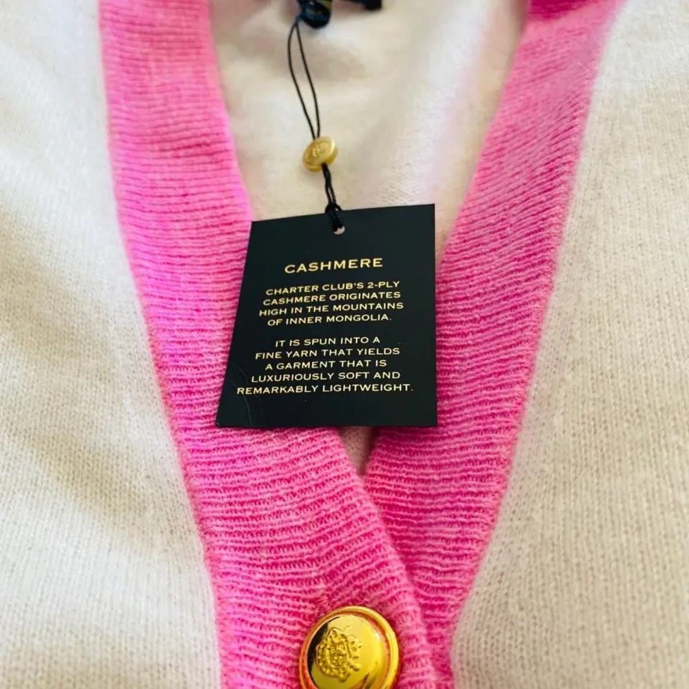 Charter Club White Cardigan with Pink Trim - Picture 3 of 9